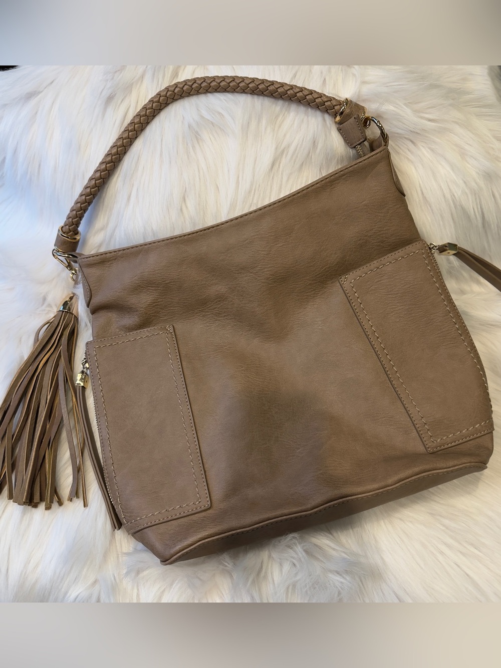 Mystique Grace Hobo Taupe Braided-Handle Shoulder Bag with Tassel